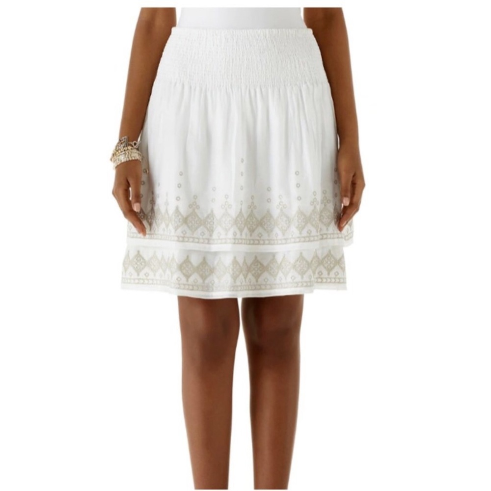 NWOT WHBM white gold embroidered smocked waist tiered mini skirt S